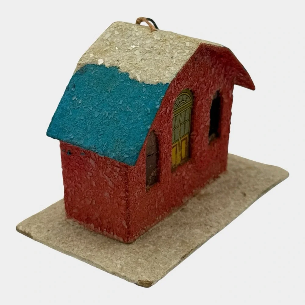 Miniature Putz House Mica Christmas Ornament Red Blue 1950s Japan Vintage